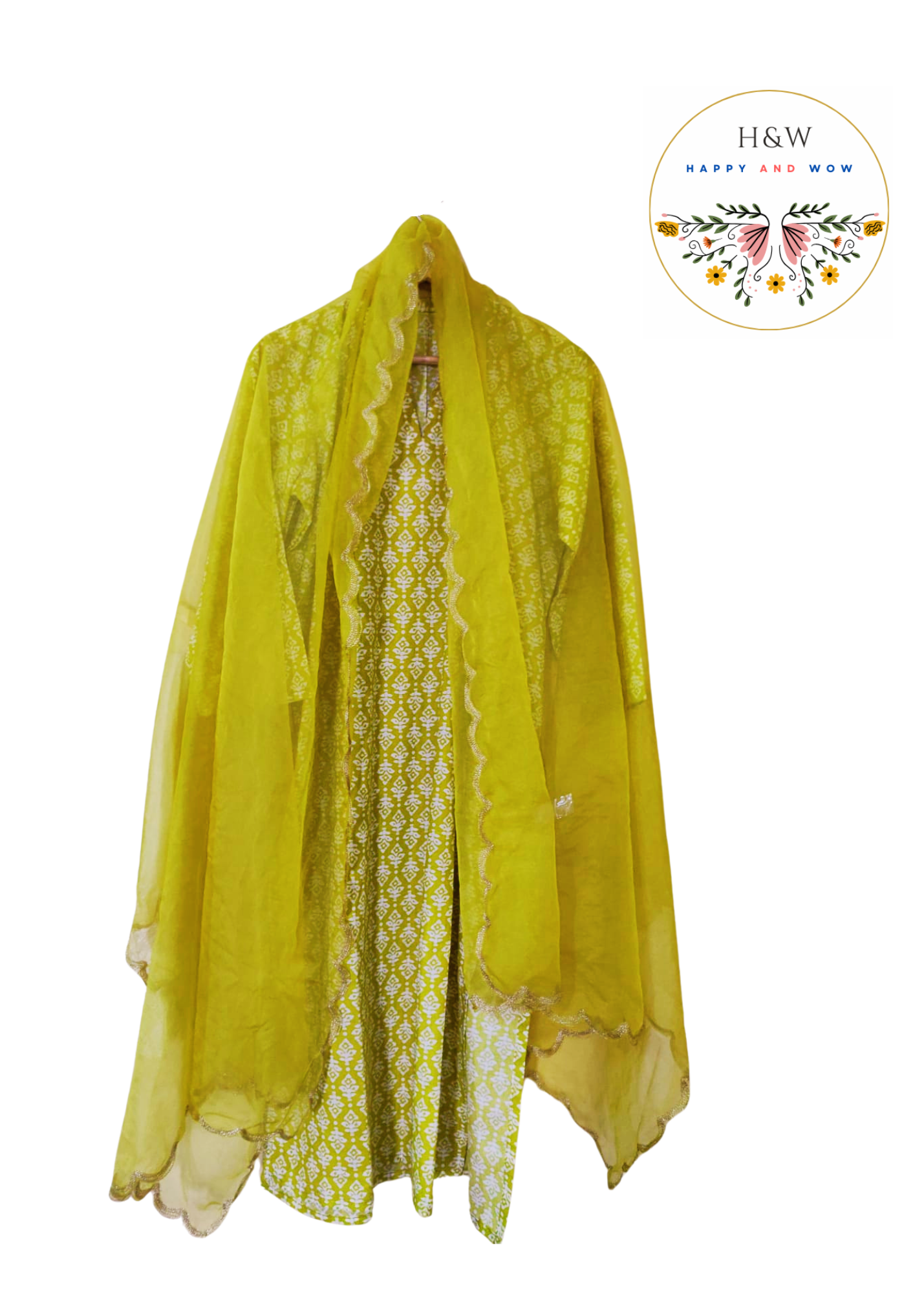 Lime Green Ajrakh Print Cotton Kurta with chikankari palazzo and pure organza dupatta with zari border