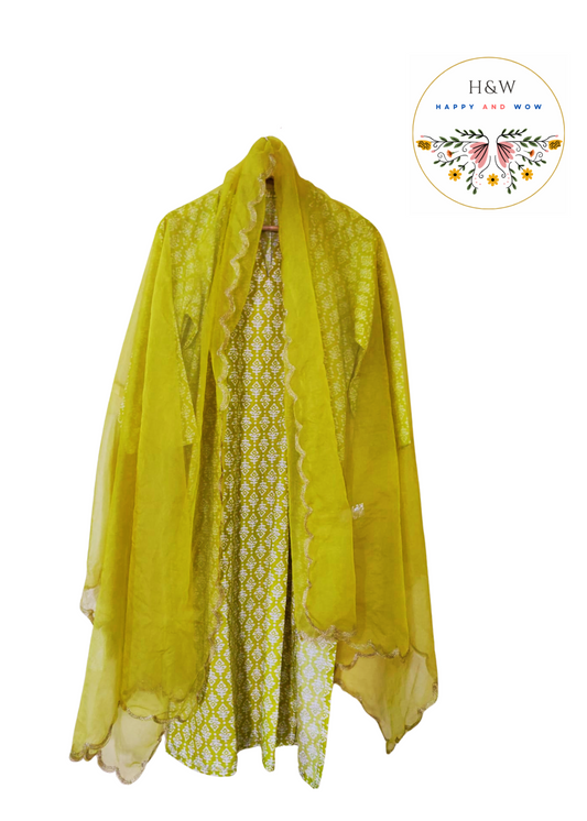 Lime Green Ajrakh Print Cotton Kurta with chikankari palazzo and pure organza dupatta with zari border