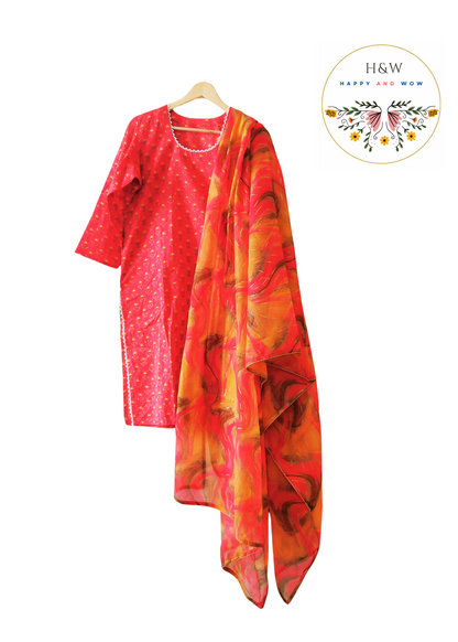 Punch raspberry buti handblock print kurta with chikankari palazzo and ikat cotton dupatta