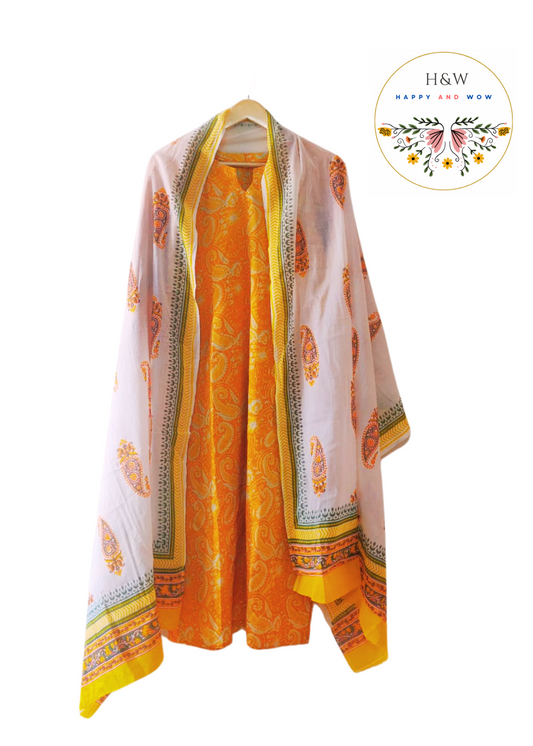 Pure Cotton Paisley Yellow Kurta + Chikankari Palazzo + Dupatta