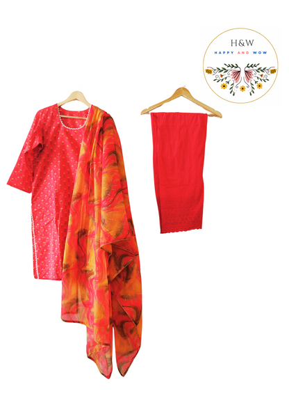 Punch raspberry buti handblock print kurta with chikankari palazzo and ikat cotton dupatta