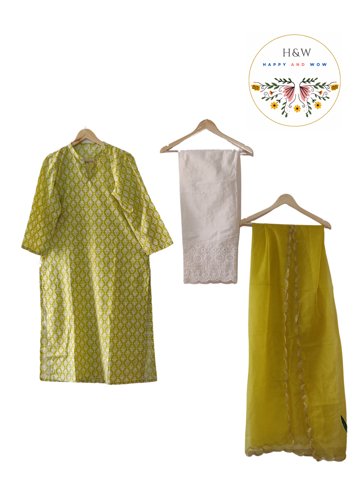 Lime Green Ajrakh Print Cotton Kurta with chikankari palazzo and pure organza dupatta with zari border