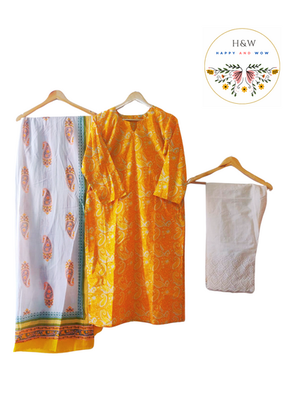 Pure Cotton Paisley Yellow Kurta + Chikankari Palazzo + Dupatta