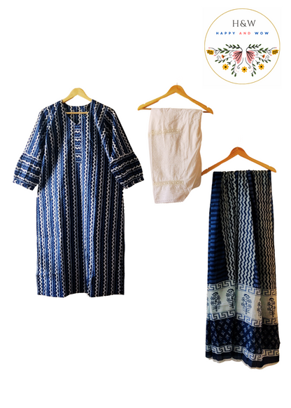 BAGRU PRINT Indigo Cotton Kurta + Chikenkari  Lakhnawi Salwar + Pure Cotton Dupatta