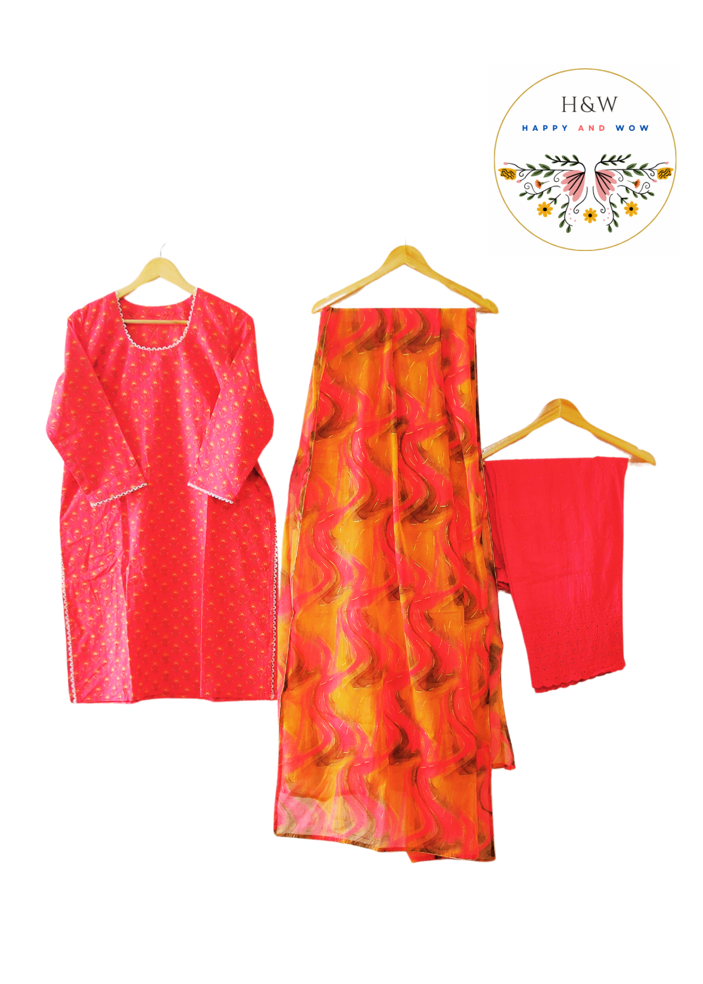 Punch raspberry buti handblock print kurta with chikankari palazzo and ikat cotton dupatta