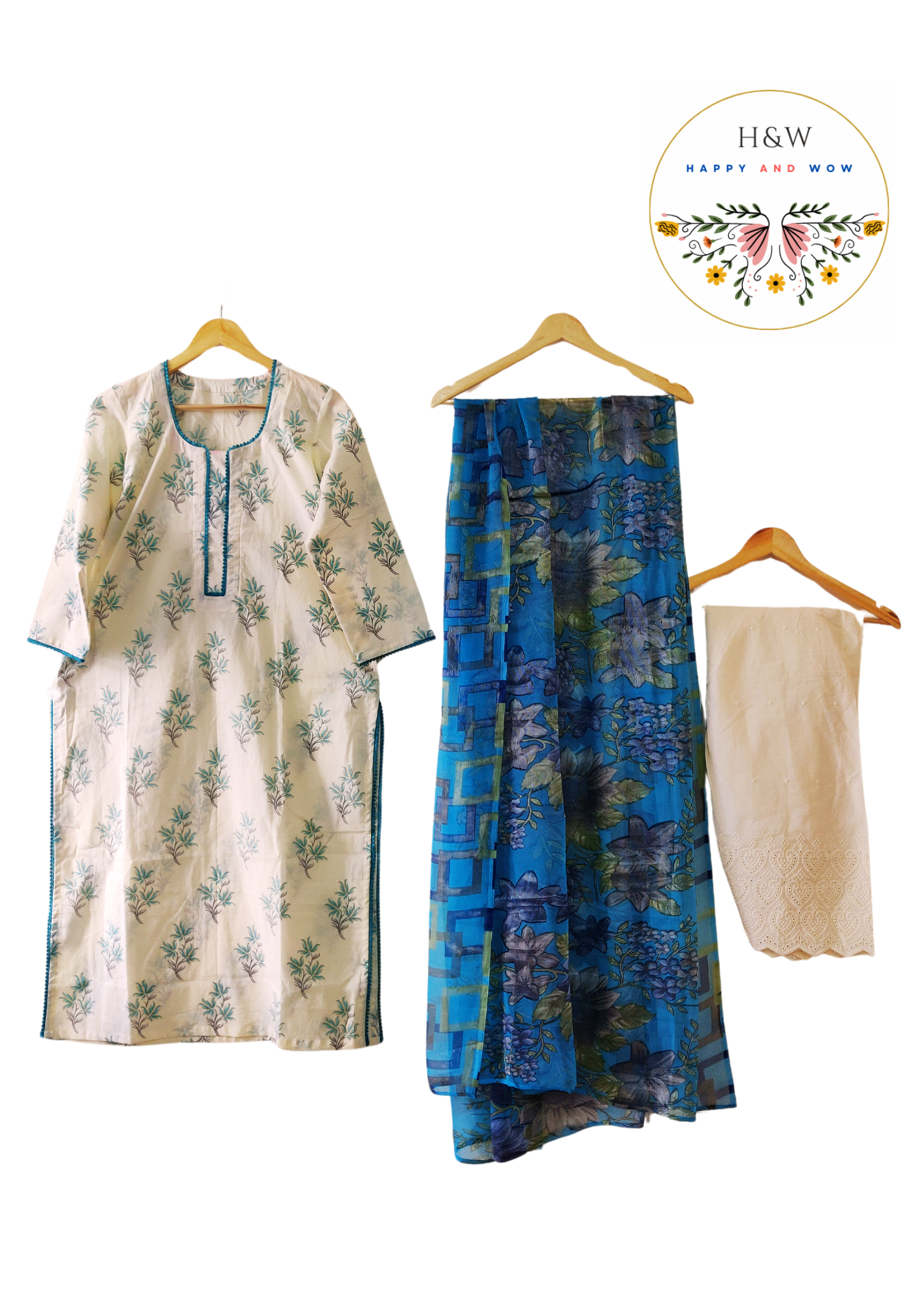 Floral handblock printed white cotton kurta with Tabby silk dupatta and chikankari luckhnawi palazzo