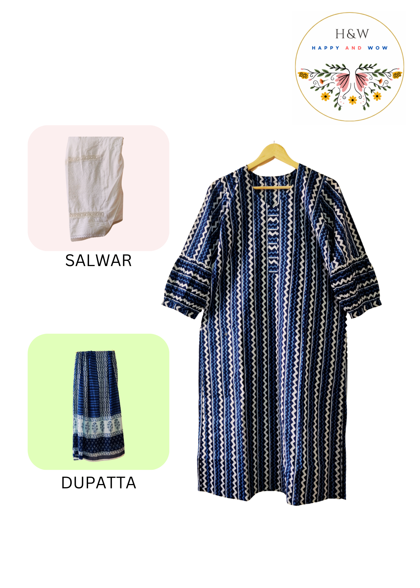 BAGRU PRINT Indigo Cotton Kurta + Chikenkari  Lakhnawi Salwar + Pure Cotton Dupatta