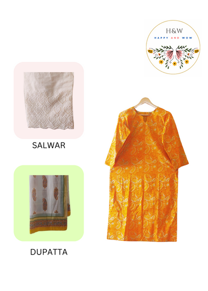 Pure Cotton Paisley Yellow Kurta + Chikankari Palazzo + Dupatta