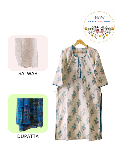 Floral handblock printed white cotton kurta with Tabby silk dupatta and chikankari luckhnawi palazzo