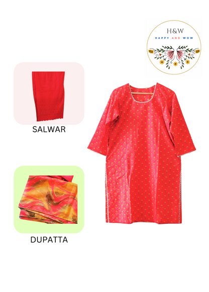 Punch raspberry buti handblock print kurta with chikankari palazzo and ikat cotton dupatta