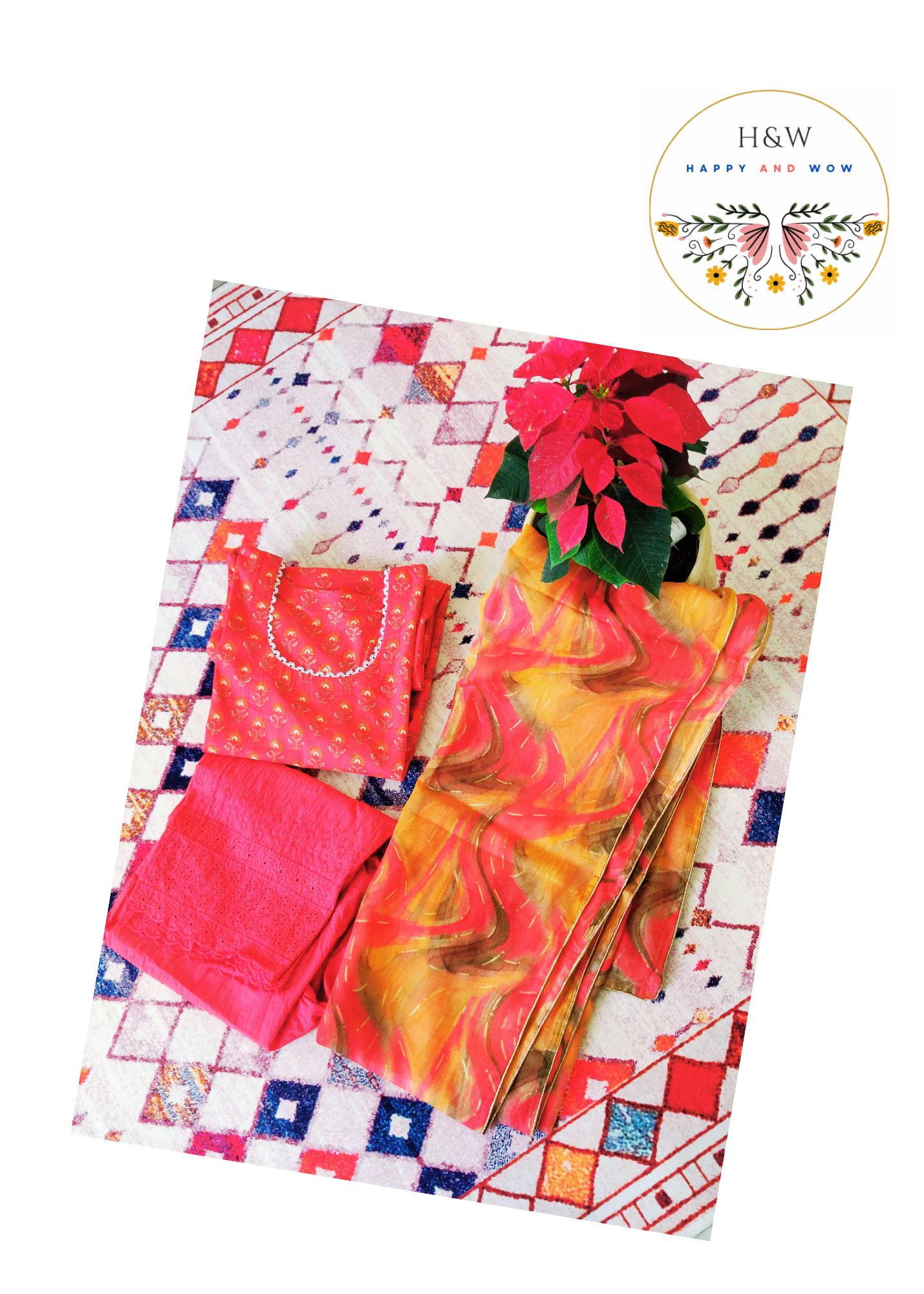 Punch raspberry buti handblock print kurta with chikankari palazzo and ikat cotton dupatta