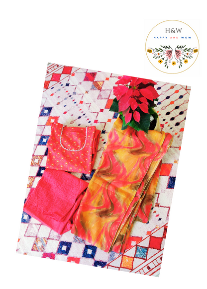 Punch raspberry buti handblock print kurta with chikankari palazzo and ikat cotton dupatta