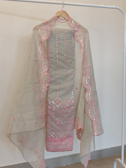 Grey and Pink pure cotton unstitched suit