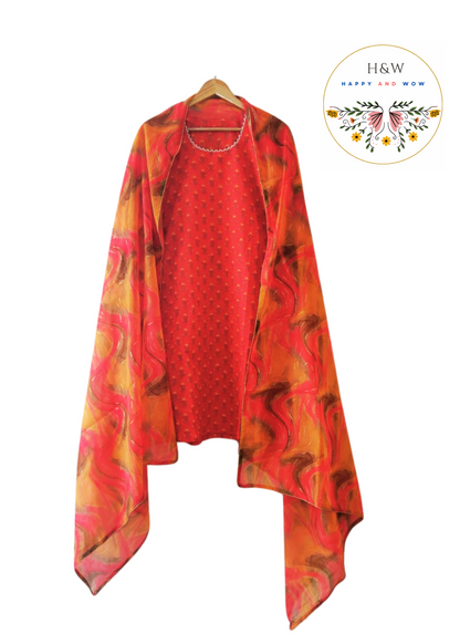 Punch raspberry buti handblock print kurta with chikankari palazzo and ikat cotton dupatta